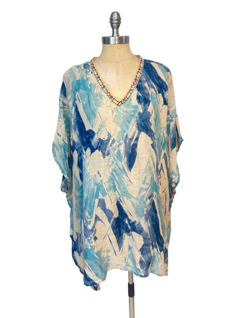 Johnny Was 3J Workshop Boho Tunic Blue White V Neck Linen Size Small